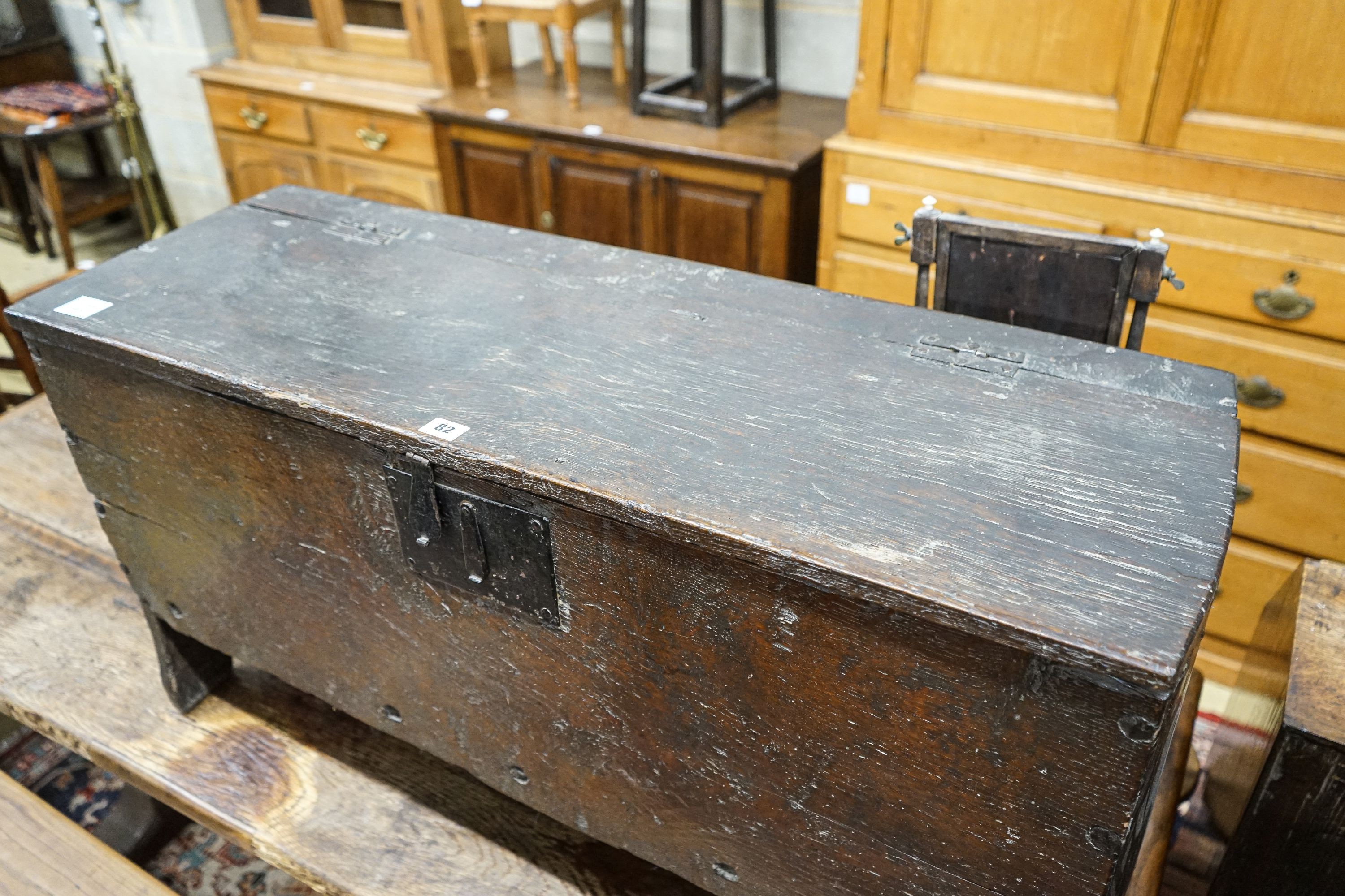 A 17th century oak and elm six plank coffer, width 104cm, depth 36cm, height 54cm - Image 4 of 8