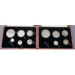 Two George V silver proof coin sets 1927, crown to threepence, (one set missing a threepence),
