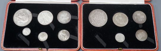 Two George V silver proof coin sets 1927, crown to threepence, (one set missing a threepence),