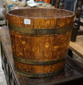 A brass bound staved oak log bin, width 52cm, height 46cm