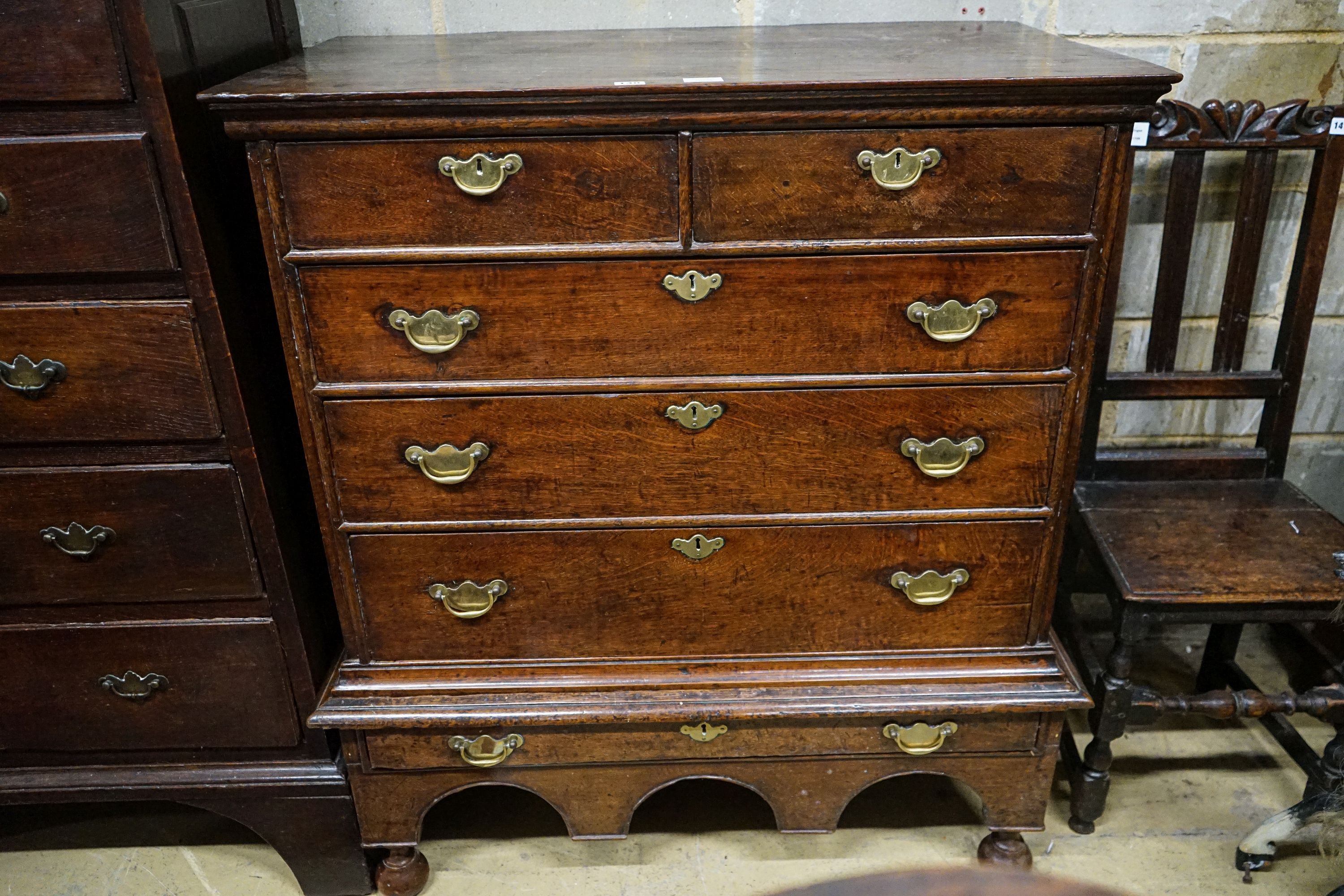 An early 18th century oak chest on stand, fitted two short and four long drawers, width 106cm, depth - Image 2 of 4