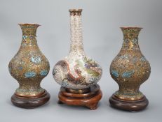 A Chinese cloisonne enamel ‘dragon’ bottle vase, early 20th century and a pair of Japanese cloisonne