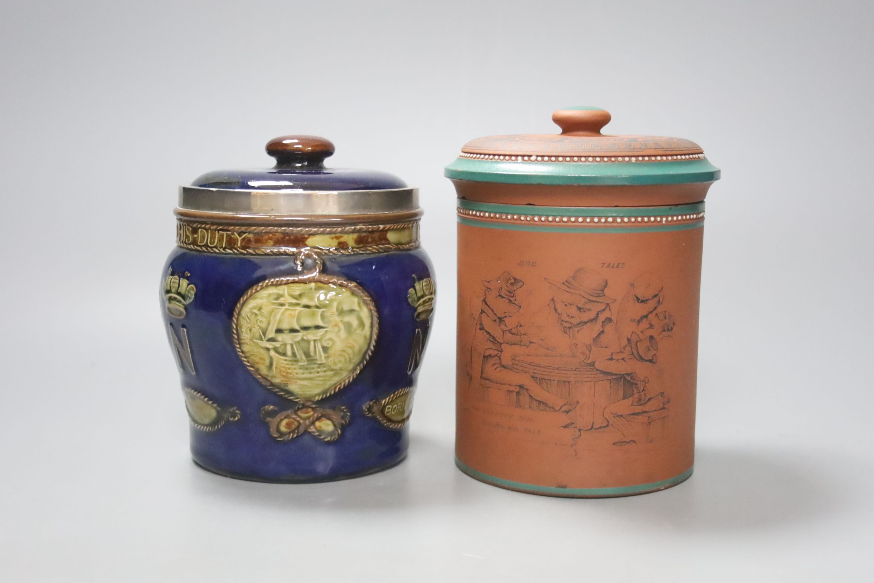 A Doulton Lambeth Nelson commemorative tobacco jar and cover 13.5 cm high, with silver mount ( - Image 2 of 3