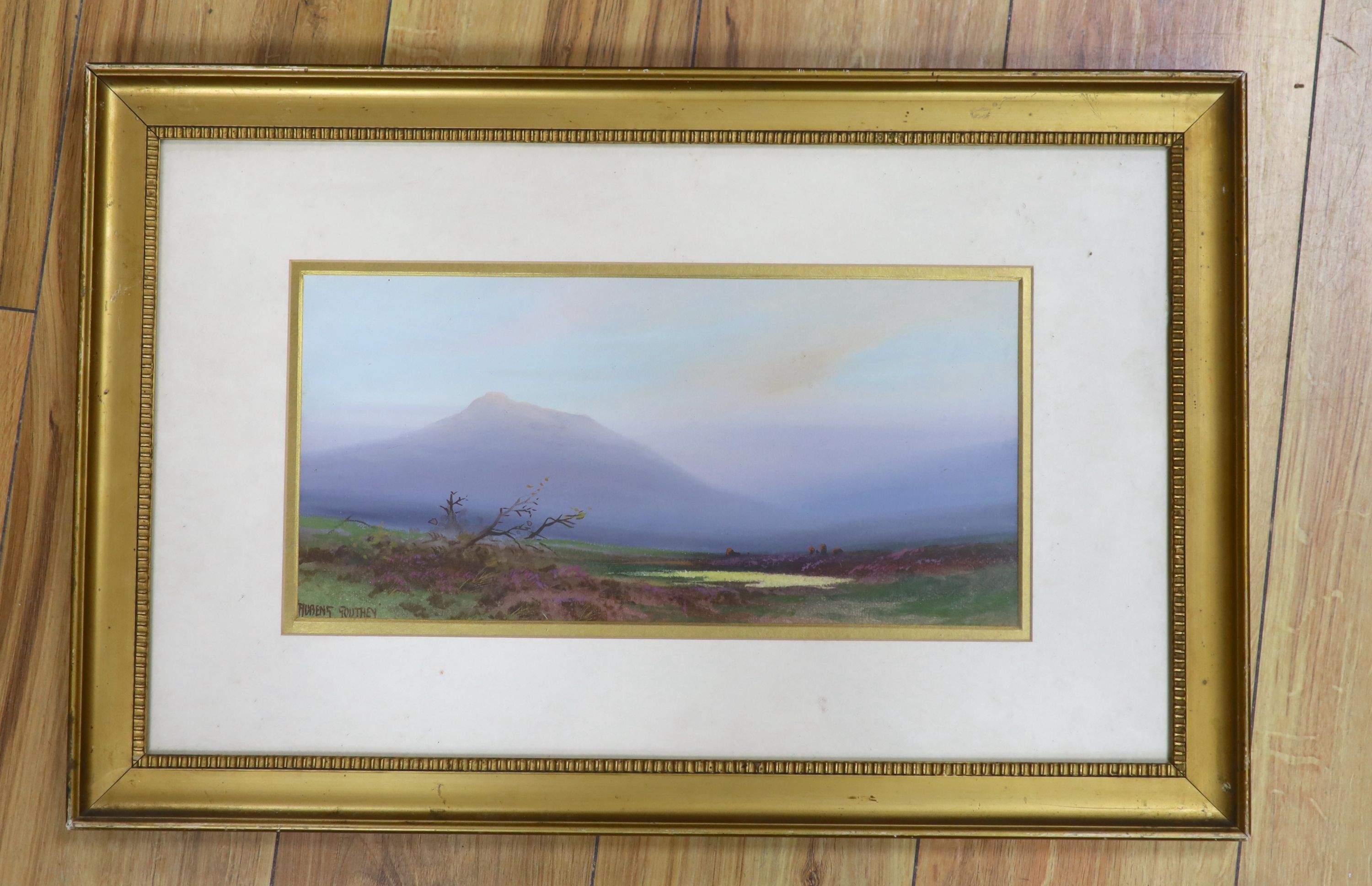 Rubens Southey, gouache, Moorland scene, signed, 17 x 36cm - Image 2 of 4