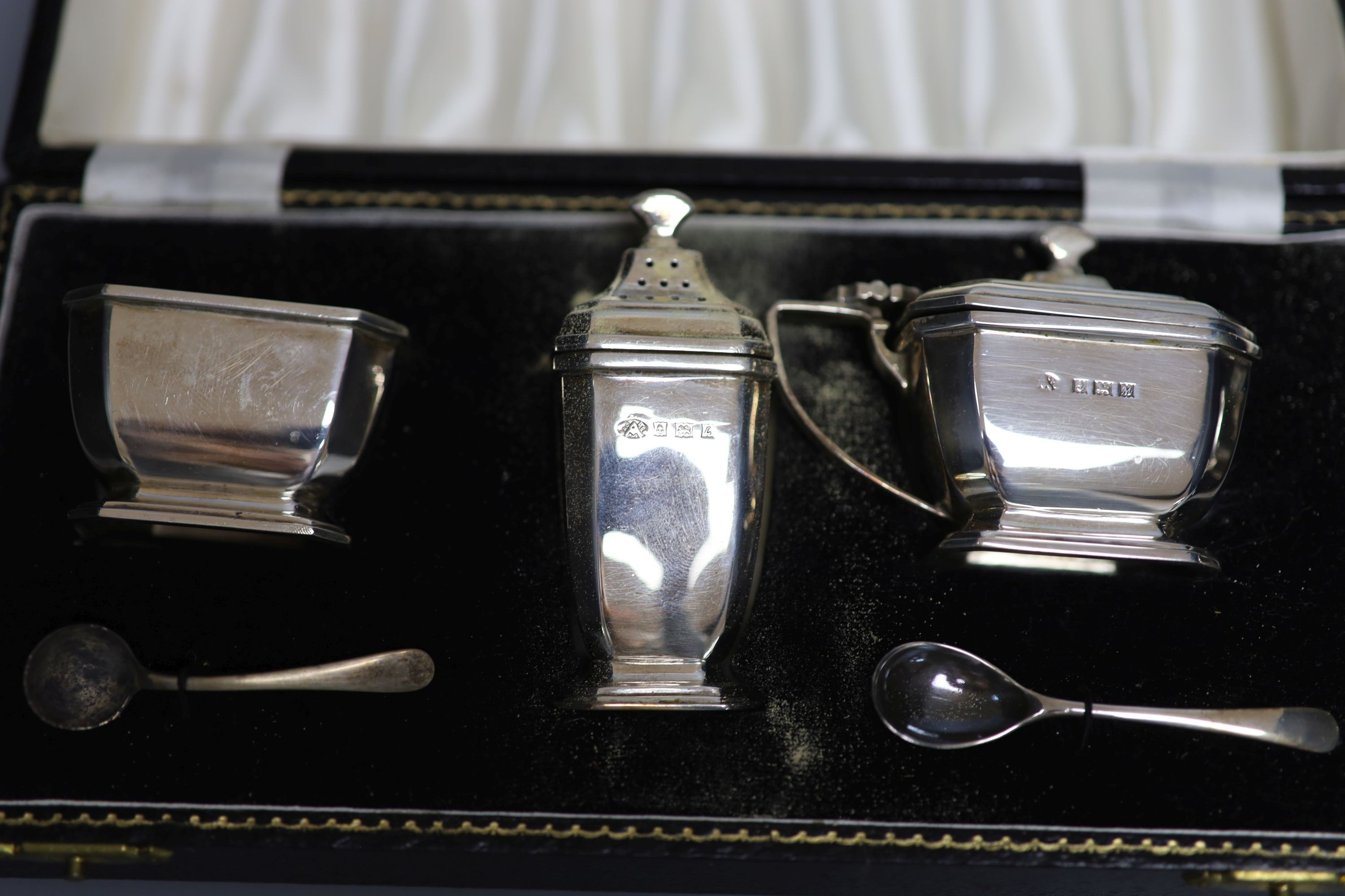 Two modern cased three piece silver condiment sets, - Image 2 of 3