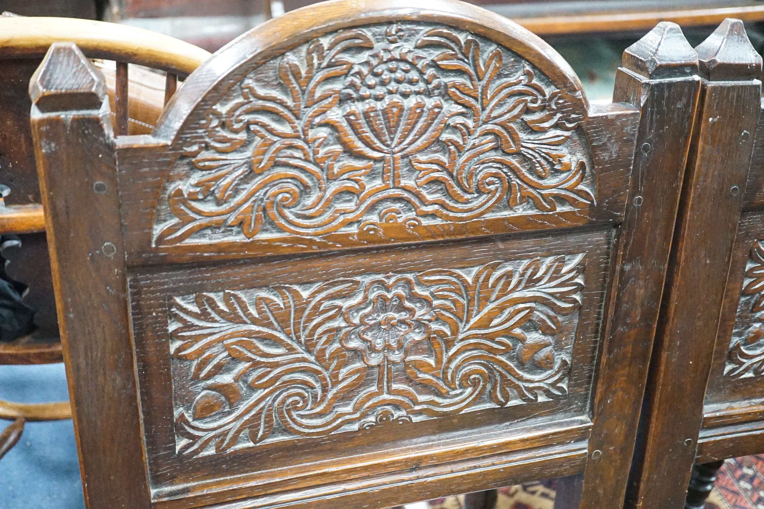 A pair of 17th century Lancashire carved oak side chairs, width 45cm, depth 39cm, height 101cm - Image 3 of 3