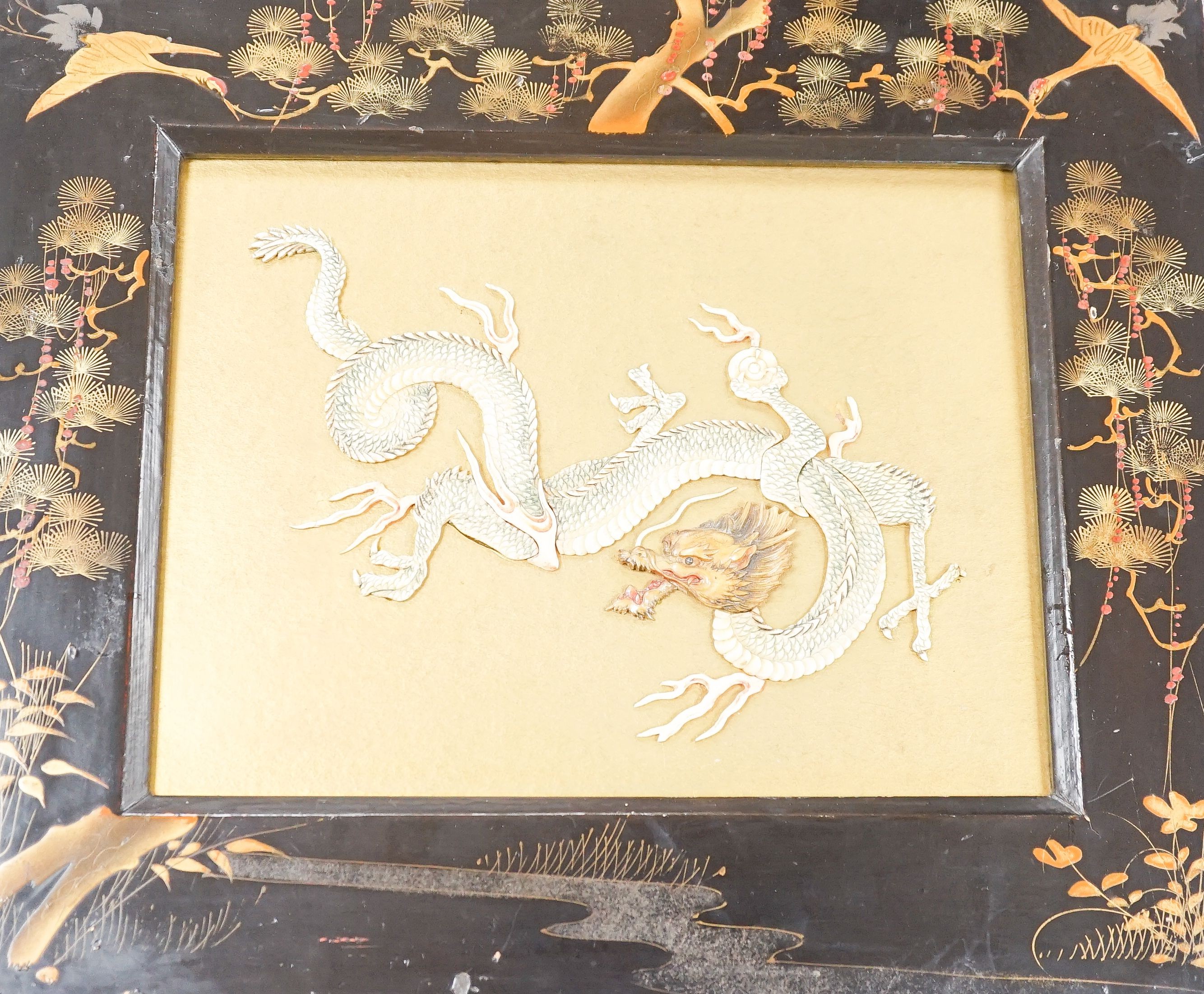 A Japanese bone ‘dragon’ and lacquer framed panel, early 20th century, 31 x 37 cm - Image 9 of 9