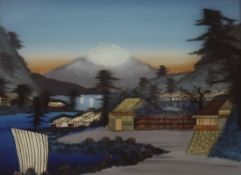 A Japanese reverse painted glass picture of Mount Fuji, framed 29x39cm excl frame