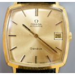 A gentleman's steel and gold plated Omega Automatic wrist watch, on associated leather strap, case