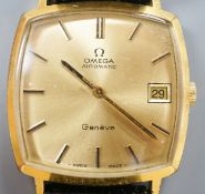 A gentleman's steel and gold plated Omega Automatic wrist watch, on associated leather strap, case