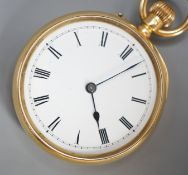 A continental 18k open face fob pocket watch, case diameter 37mm, gross weight 40.9 grams.