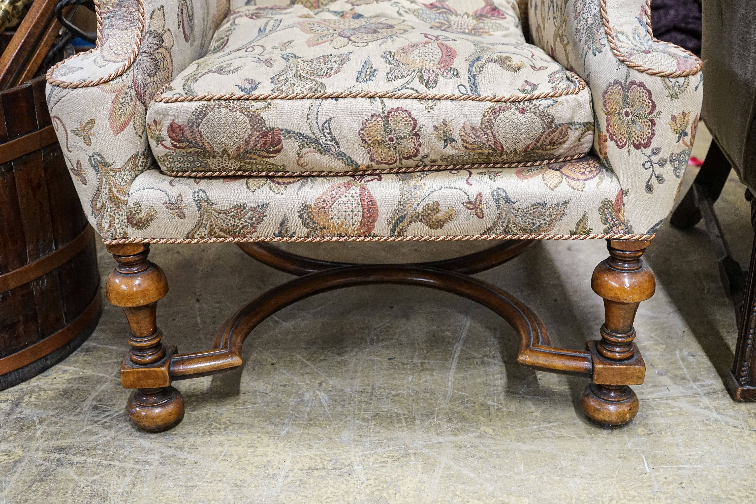 A William & Mary style walnut wing armchair, with flowering scroll upholstery and turned - Image 2 of 4