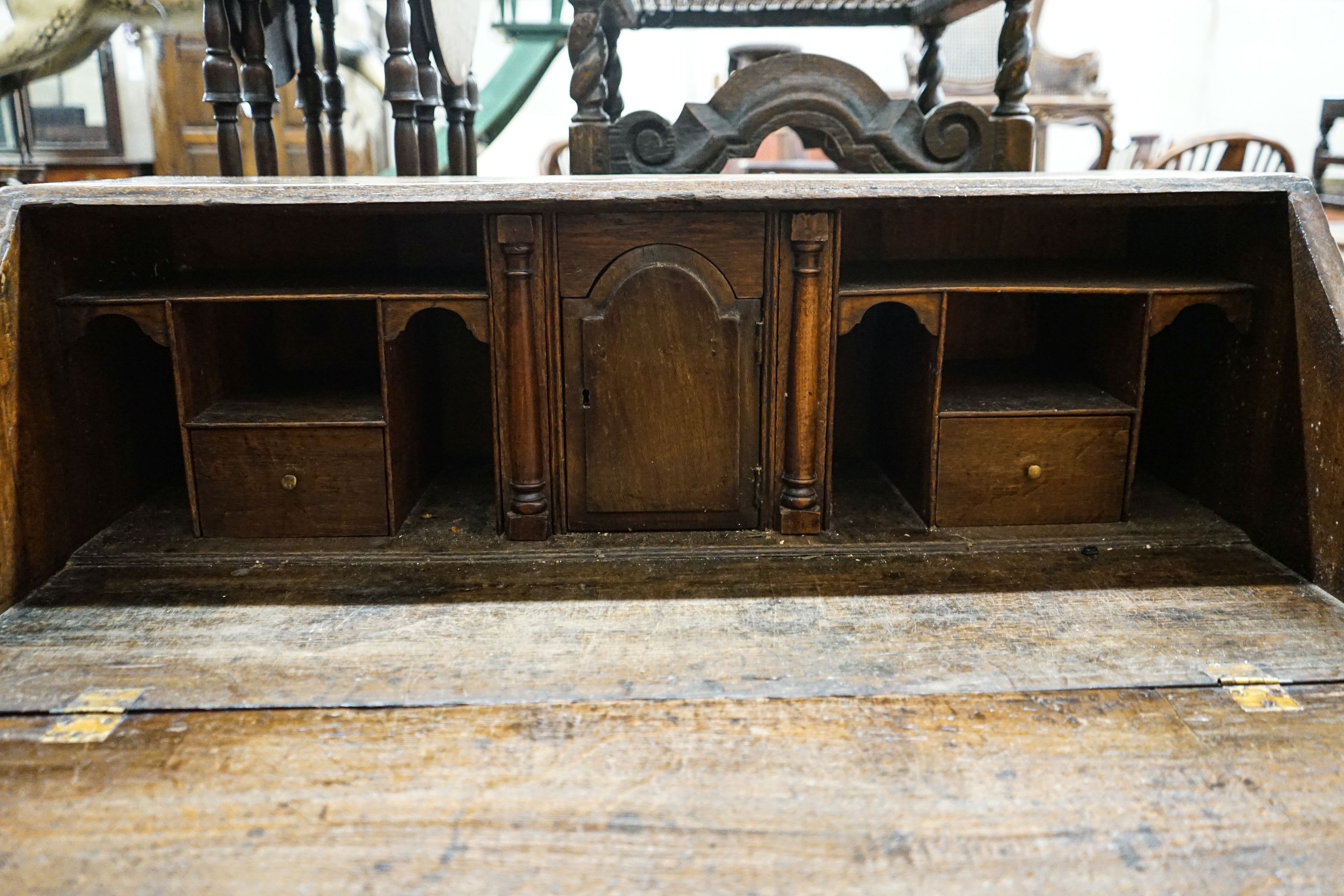 A George III oak bureau, with fitted interior, two short and three long drawers, width 92cm, depth - Image 4 of 6