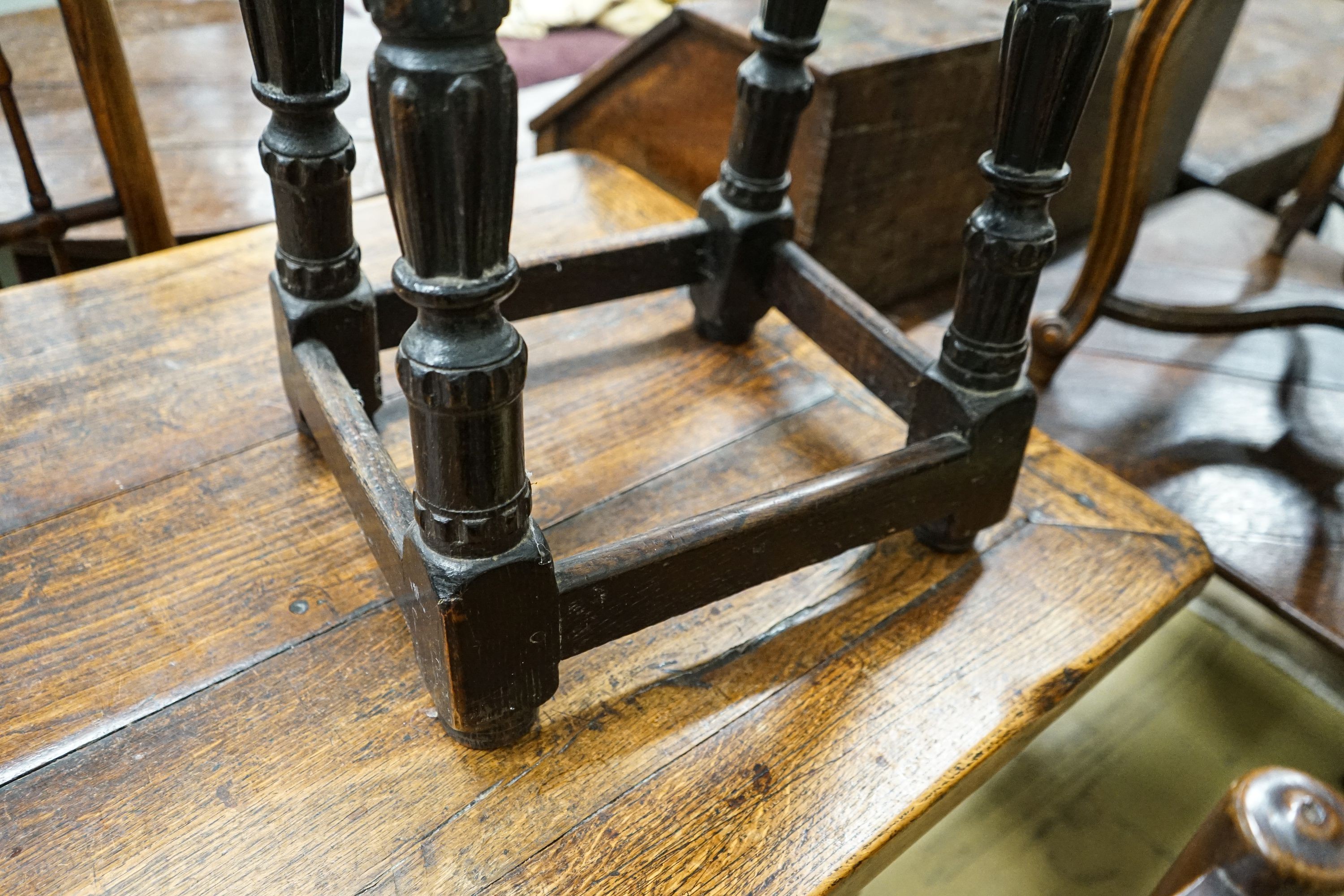 A late 18th century style stained oak joint stool, with turned and fluted legs, width 44cm, depth - Image 4 of 5