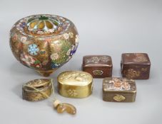 A Japanese cloisonne enamel koro and cover, 9.5 cm diameter and various Japanese mixed metal small