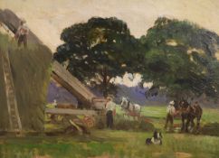 George Leon Little (1862-1941) oil on board, haymaking Surrey, signed, 29 x 40 cm