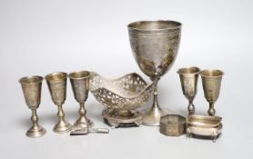Five George V silver kiddush cups, a late Victorian silver goblet, a silver bonbon dish, silver