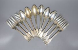 A set of six George IV silver fiddle, thread and shell pattern dessert forks, Eley & Fearn,