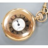 A George V 9ct gold half hunter pocket watch, 46mm, gross 74.9 grams, together with a 9ct gold cub
