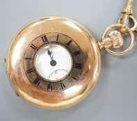 A George V 9ct gold half hunter pocket watch, 46mm, gross 74.9 grams, together with a 9ct gold cub