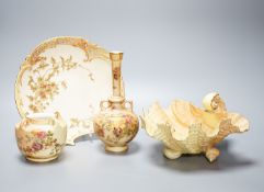 A group of ornamental Royal Worcester blush ivory ground items, including a shell dish, 18cm wide,