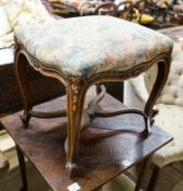 A French stained beech cabriole leg dressing stool with saltire stretcher, width 54cm, depth 41cm,
