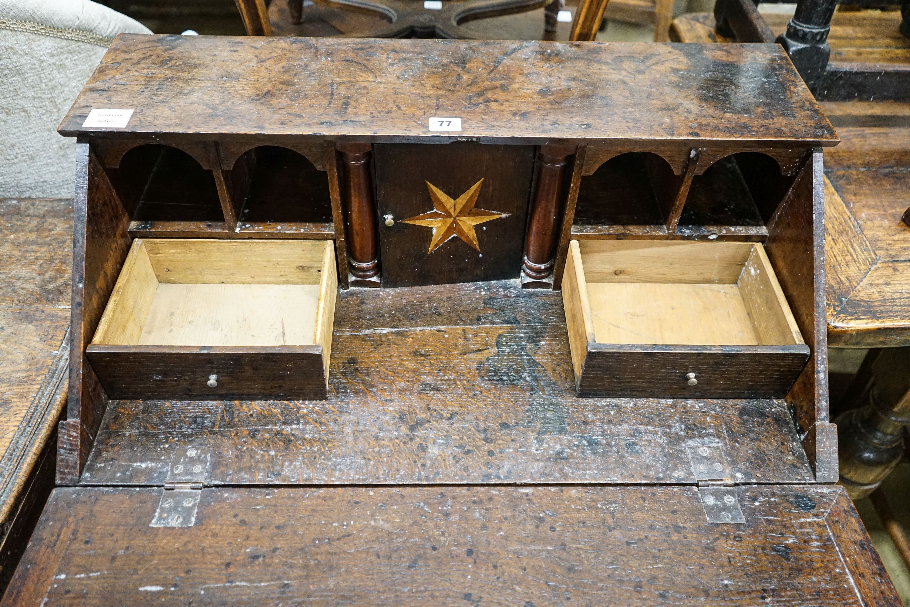 A mid 18th century inlaid oak and elm bureau, with fitted interior and single drawer, width 77cm, - Image 3 of 5