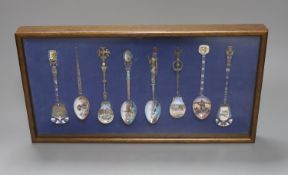 Eight Continental 800 standard silver and enamel ‘Egypt’ souvenir spoons, early 20th century, one