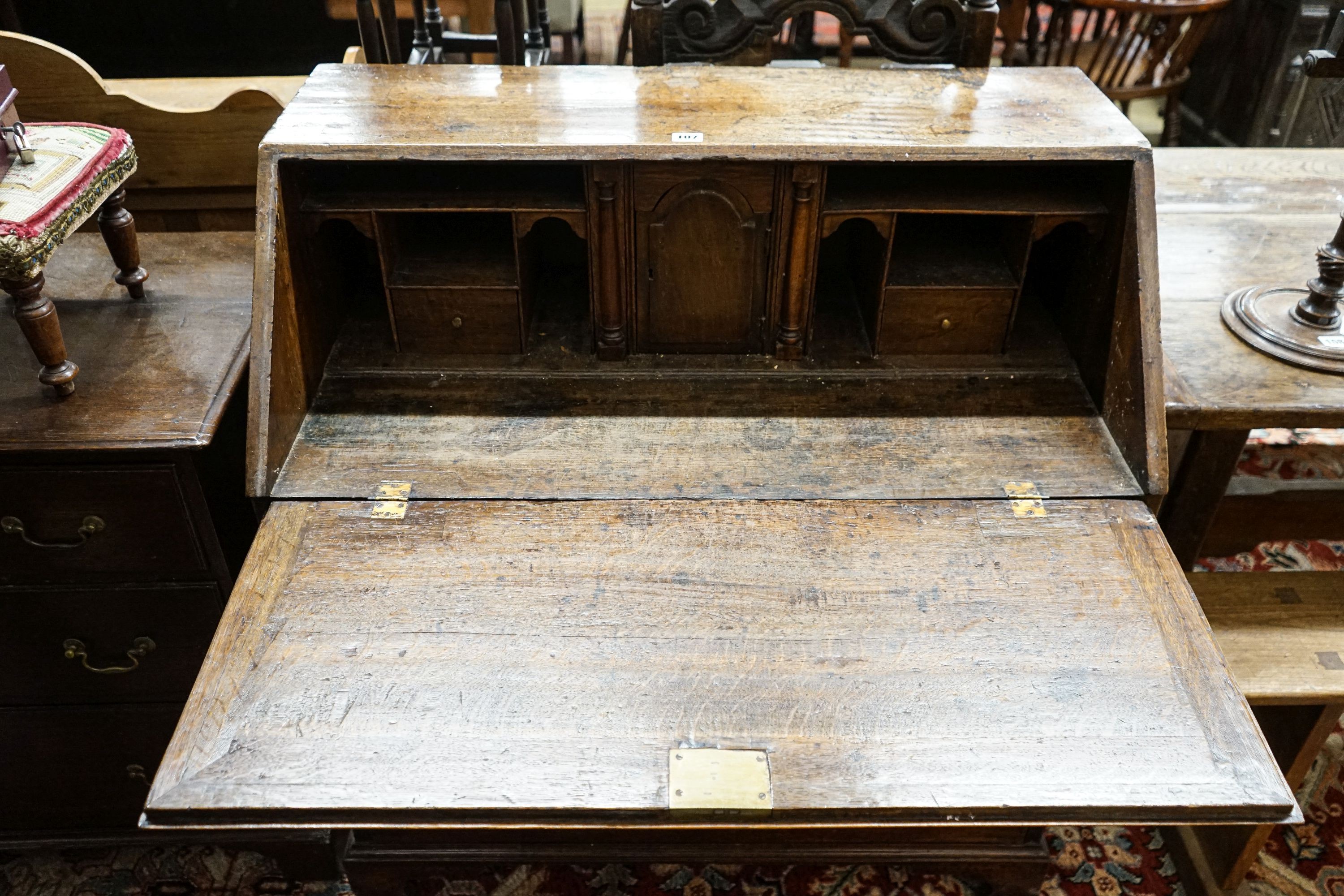 A George III oak bureau, with fitted interior, two short and three long drawers, width 92cm, depth - Image 3 of 6