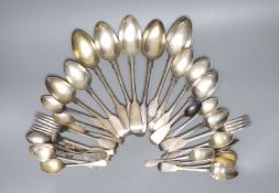 Five Victorian Scottish silver fiddle pattern table forks and twenty five other items of 19th