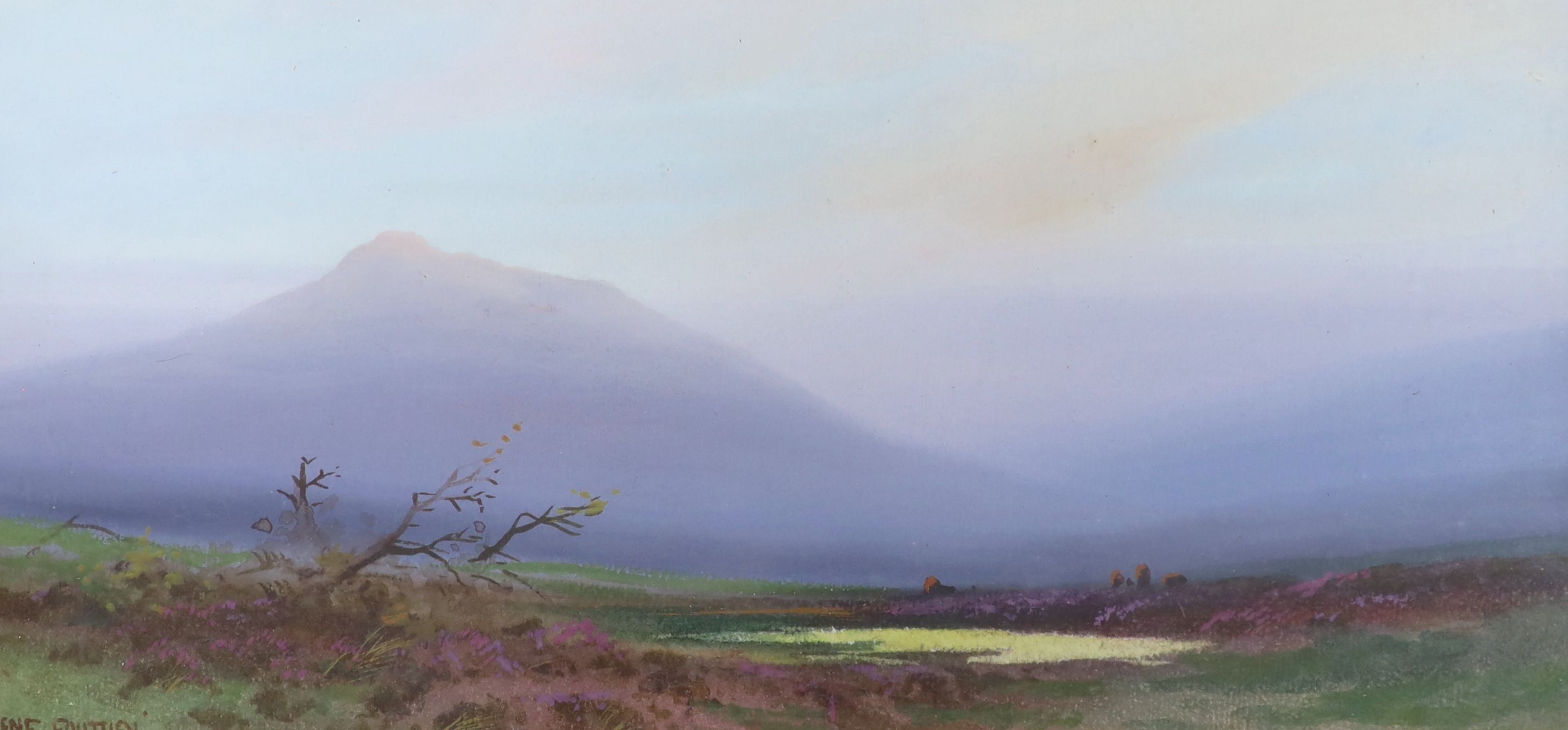 Rubens Southey, gouache, Moorland scene, signed, 17 x 36cm