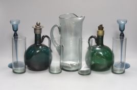 Two 19th century green glass hock jugs, a set of six Waterford cut glass tumblers and other