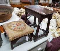 A 17th century style oak joint stool, width 46cm, depth 26cm, height 46cm and a George III stool