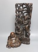 A Chinese hardwood and wire inlaid group of the He He Erxian and a similar figure of Budai, both