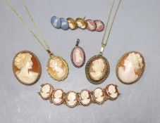 A modern 9ct gold and oval cameo shell bracelet, 16cm, two 9ct mounted cameo shell brooches, a