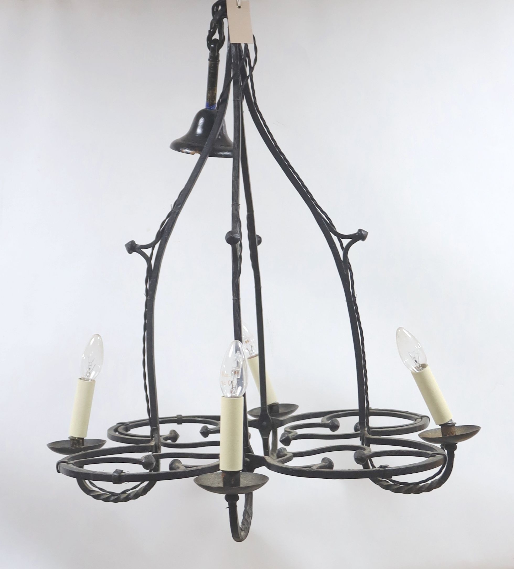 A wrought iron 4 light chandelier 80x63cm