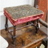 A George III turned mahogany stool with later Turkish bullion work embroidered seat, length 42cm,