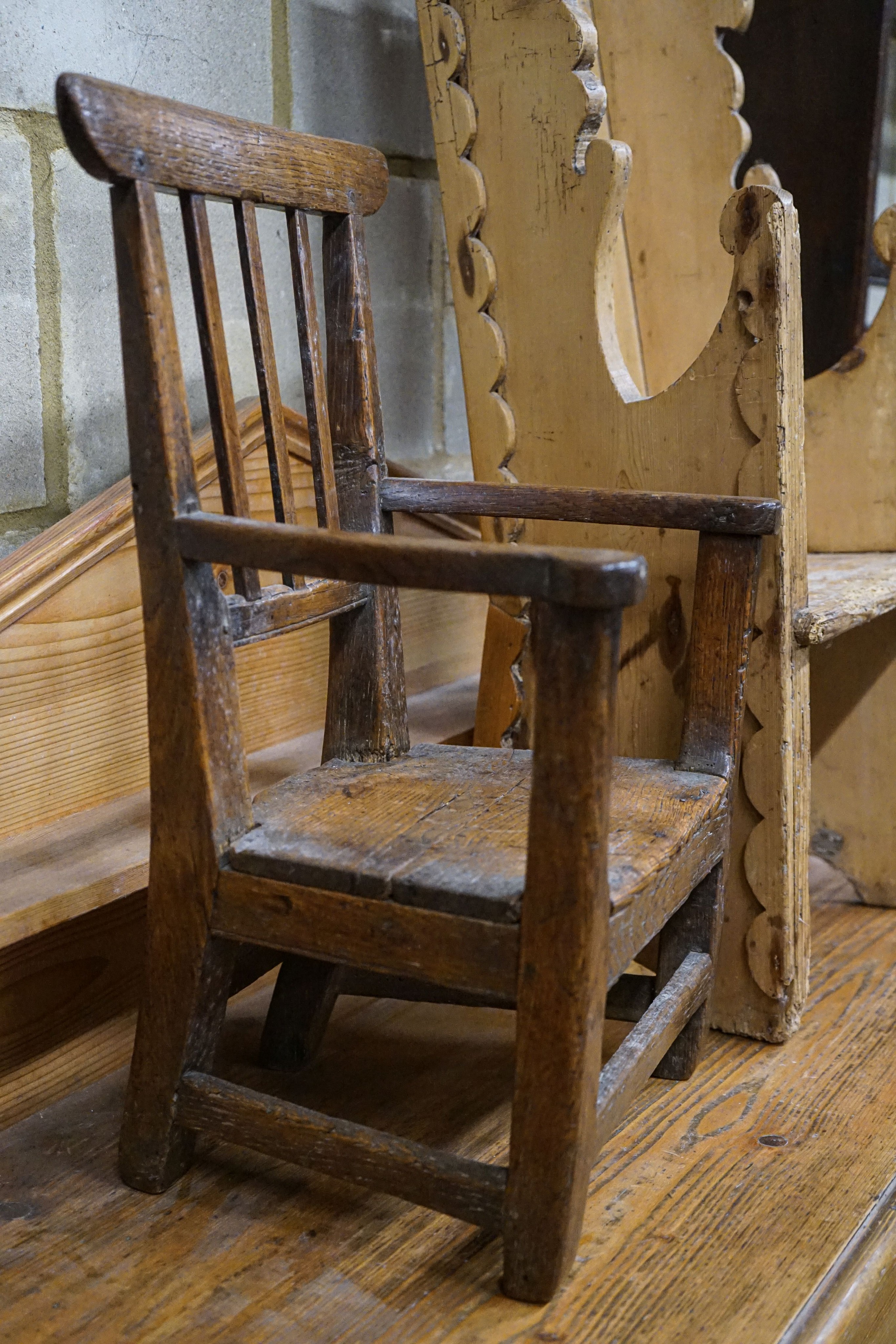 An early 19th century primitive oak child's chair with solid seat, width 39cm height 56cm and a - Image 3 of 4