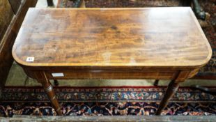 A Regency banded satinwood mahogany folding card table, width 91cm, depth 40cm, height 76cm