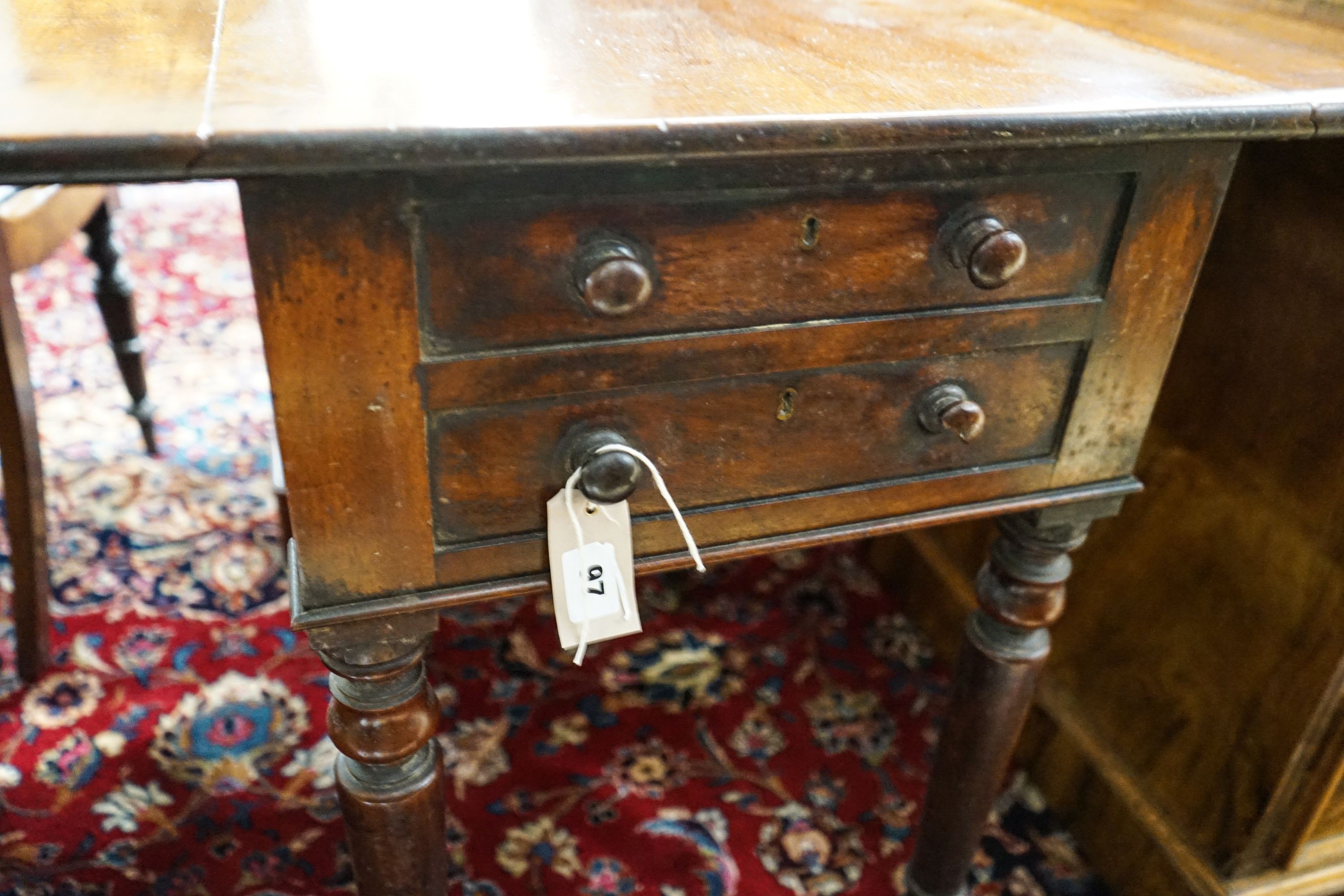 An early Victorian mahogany Pembroke work table, with twin flaps, two drawers, on turned legs and - Image 3 of 3