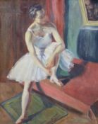 20th century French School. A ballerina tying her ribbons, oil on canvas, 24" x 20"