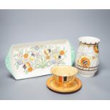 A Charlotte Rhead sandwich tray, patch-pattern dish and a Persian Rose pattern vase, latter 17cm