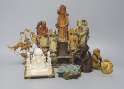 A group of Chinese soapstone carvings, an Indian Alabaster model of the Taj Mahal etc, tallest 23.