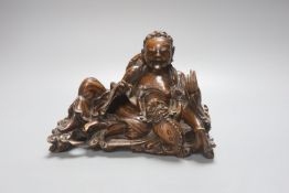 A Chinese hardwood group of Liu Hai and his three legged toad, 23cm