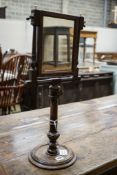 An antique stained beech and walnut telescopic shaving mirror, with barber's pole stringing,