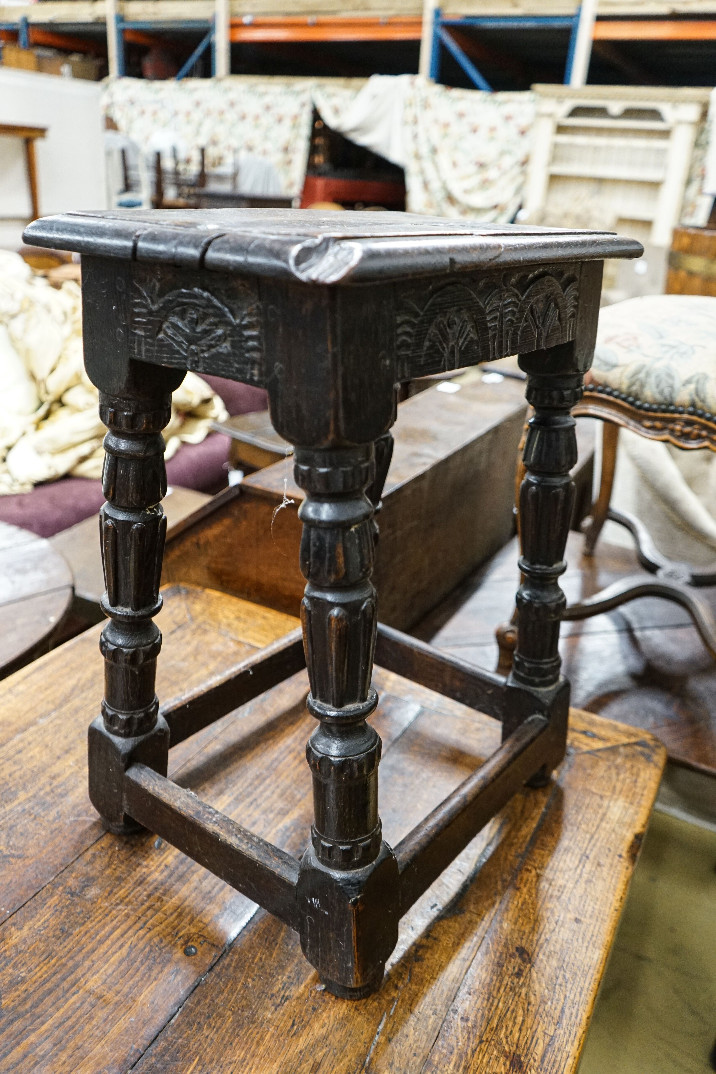 A late 18th century style stained oak joint stool, with turned and fluted legs, width 44cm, depth - Image 3 of 5