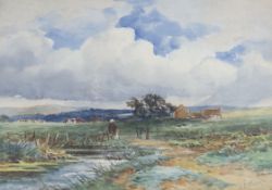 J.B. Noel, watercolour, Landscape with figure and cattle, signed, 18 x 26cm