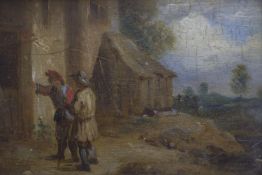 After Van Ostade, oil on wooden panel, Peasants beside a cottage, 8 x 12cm
