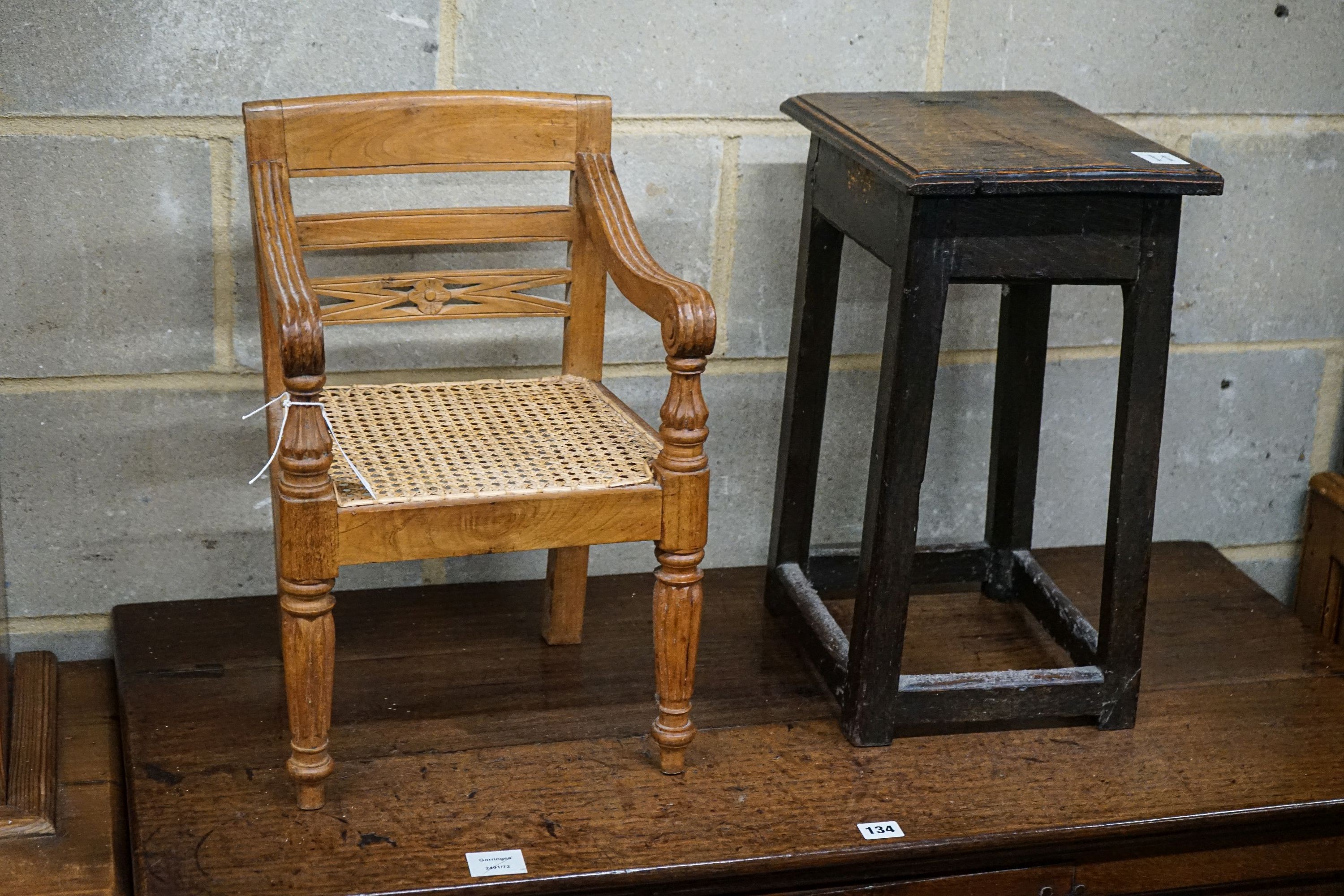 An 18th century primitive oak stool, width 34cm, depth 26cm, height 48cm and an Anglo Indian child's - Image 2 of 4