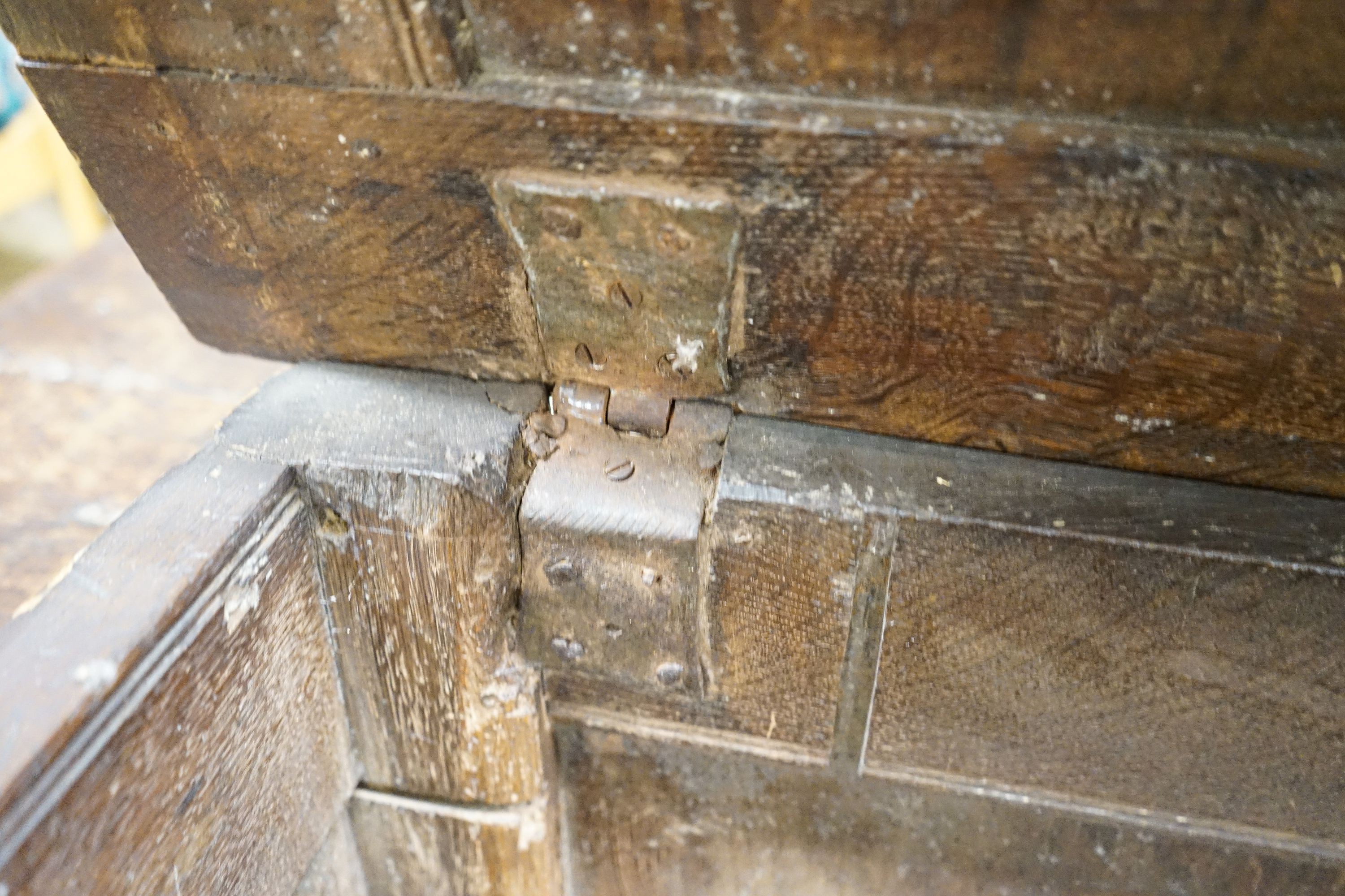 A late 17th century oak coffer, with four panel top and carved front, length 151cm, depth 58cm, - Image 6 of 6